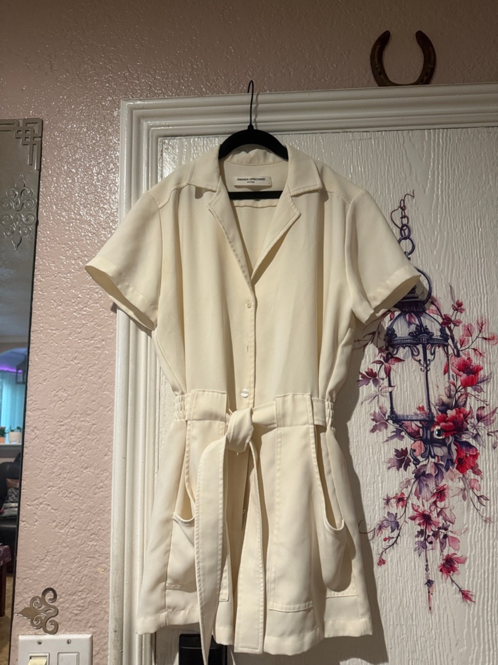 Amanda Uprichard Cream Tie-Waist Short Sleeve Romper